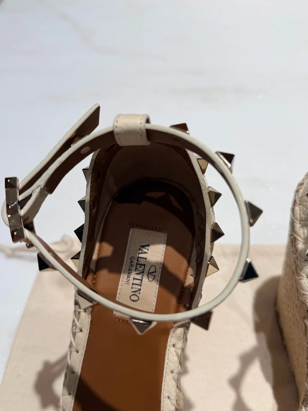 Valentino Cream Leather Rockstud Espadrille Wedge Sandals Size EU38